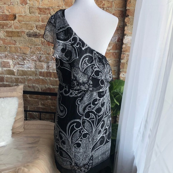 New York & Company One Shoulder Cinch Waist Paisley Dress - Picture 7 of 7